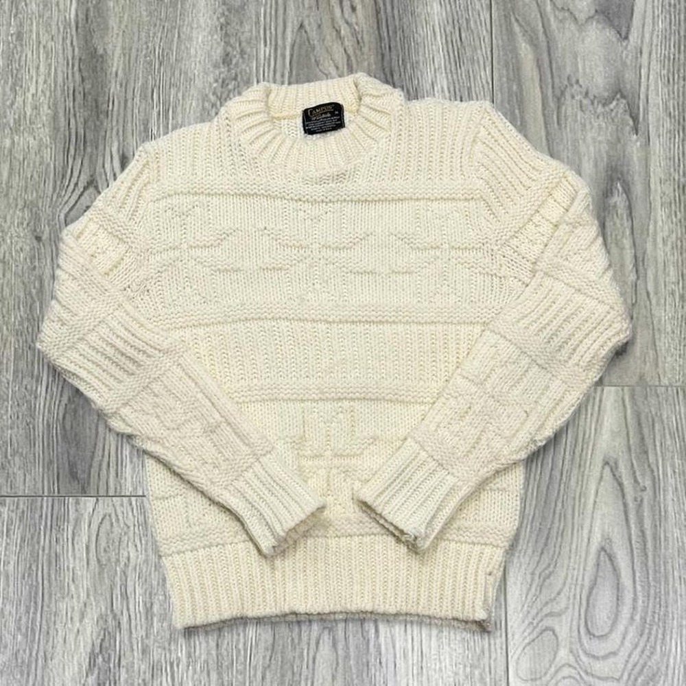 Vintage 70s Campus Wintuk Cream Chunky Knit Crewneck Sweater Medium